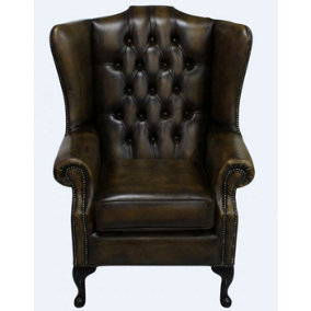 Chesterfield Prince's High Back Wing Chair Antique Gold Leather In Mallory Style