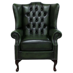 Chesterfield Prince's High Back Wing Chair Antique Green Leather In Mallory Style