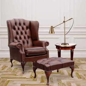 Chesterfield Prince's High Back Wing Chair + Footstool Antique Tan Leather In Mallory Style