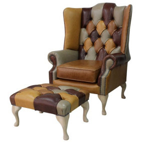 Chesterfield Prince's High Back Wing Chair + Footstool Patchwork Old English Leather In Mallory Style