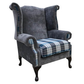 Chesterfield Saxon Armchair Kintyre Teal Check And Slate Grey Fabric In Queen Anne Style