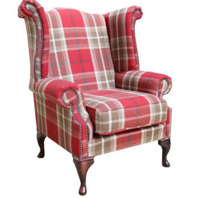 Chesterfield Saxon High Back Armchair Balmoral Red Check Fabric In Queen Anne Style