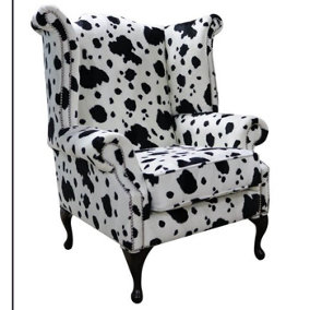 Chesterfield Saxon High Back Wing Chair Black Cow Animal Print Fabric In Queen Anne Style