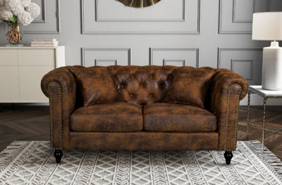 Chesterfield Sofa With Wooden Feet in Faux Leather Suede Brown Fabric 2 ...