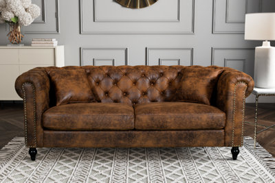 Chesterfield Sofa With Wooden Feet in Faux Leather Suede Brown Fabric 3 ...