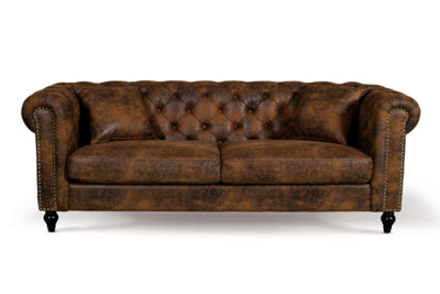 Chesterfield Sofa With Wooden Feet in Faux Leather Suede Brown Fabric 3 ...
