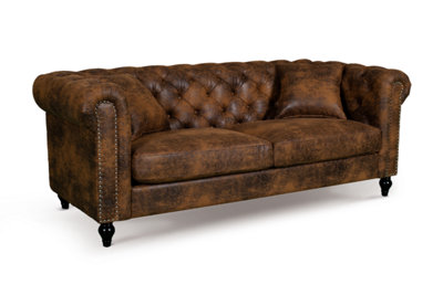 Chesterfield Sofa With Wooden Feet in Faux Leather Suede Brown Fabric 3 ...