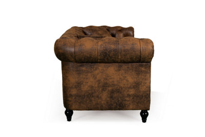 Chesterfield Sofa With Wooden Feet in Faux Leather Suede Brown Fabric 3 ...