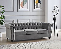 Chesterfield Stud Velvet Fabric 3 Seater Sofa, Grey