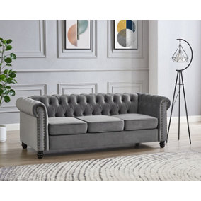 Chesterfield Stud Velvet Fabric 3 Seater Sofa, Grey