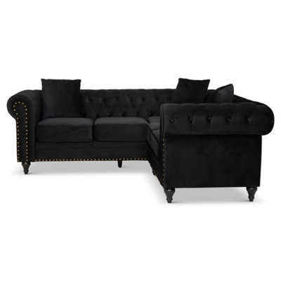 Chesterfield Velvet 4 Seater Corner Sofa - Black