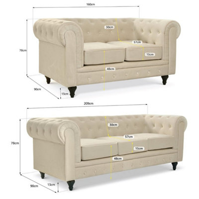 Chesterfield Velvet Button-Tufted 2 & 3 Seater Sofa Set