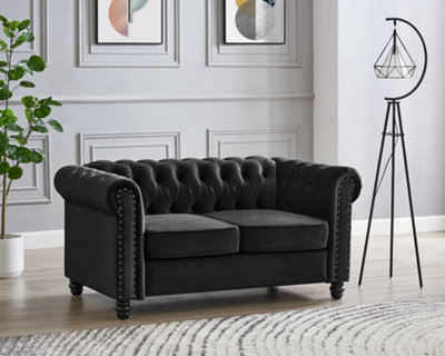 Chesterfield Velvet Fabric 2 Seater Sofa, Black