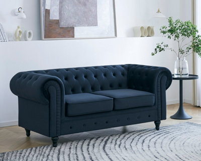 Chesterfield Velvet Fabric 2 Seater Sofa, Midnight Blue