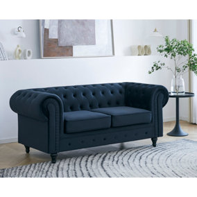 Chesterfield Velvet Fabric 2 Seater Sofa, Midnight Blue