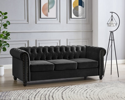 Chesterfield Velvet Fabric 3 Seater Sofa, Black | DIY at B&Q