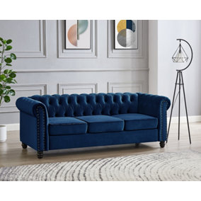 Chesterfield Velvet Fabric 3 Seater Sofa, Blue