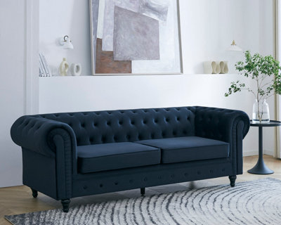 Chesterfield Velvet Fabric 3 Seater Sofa, Midnight Blue