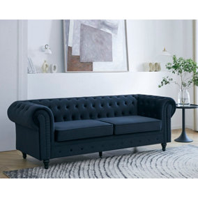 Chesterfield Velvet Fabric 3 Seater Sofa, Midnight Blue