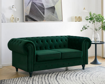 Chesterfield Velvet Pleat Fabric 2 Seater Sofa, Green