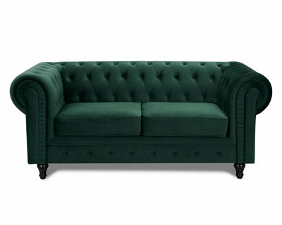 Chesterfield Velvet Pleat Fabric 2 Seater Sofa, Green