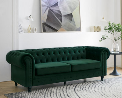 Chesterfield Velvet Pleat Fabric 3 Seater Sofa, Green