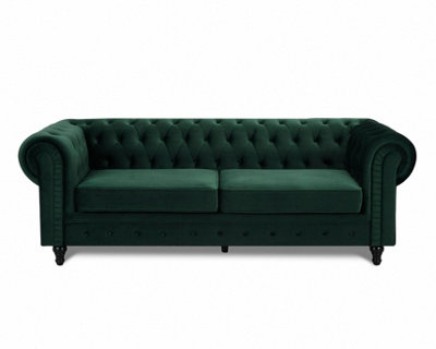 Chesterfield Velvet Pleat Fabric 3 Seater Sofa, Green