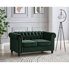 Chesterfield Velvet Stud Fabric 2 Seater Sofa, Green