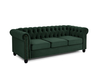 Chesterfield Velvet Stud Fabric 3 Seater Sofa, Green