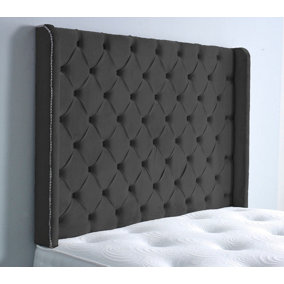 Chesterfield Winged Plush Velvet 3ft Single 36" Headboard - Black