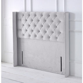 Chesterfield Winged Plush Velvet 4ft Small Double 50" Floor Standing Headboard - Silver
