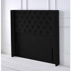 Chesterfield Winged Plush Velvet 4ft6 Double 50" Floor Standing Headboard - Black