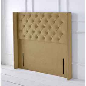 Chesterfield Winged Plush Velvet 6ft Super King 50" Floor Standing Headboard - Coffee