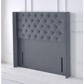 Chesterfield Winged Plush Velvet 6ft Super King 50" Floor Standing Headboard - Grey