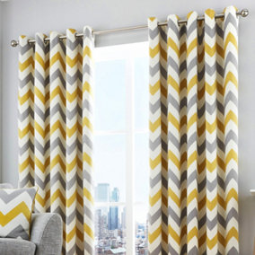 Chevron Lined 100% Cotton Pair of Eyelet Curtains