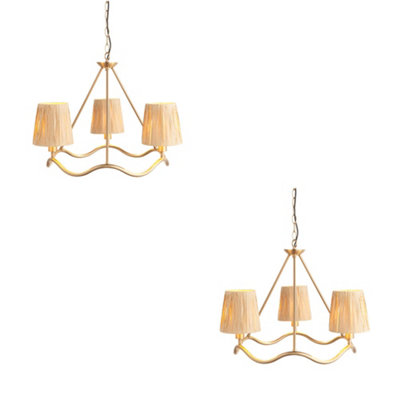 Chic 2 Pack Hanging Pendant Lights with Raffia Shades and Aged Brass Finish