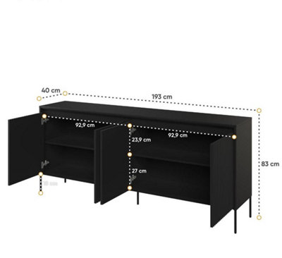 Chic and Modern Large Sideboard Cabinet  with Fluted Front(H)830mm (W)1930mm (D)400mm - Black Matt