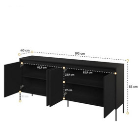 Chic and Modern Large Sideboard Cabinet  with Fluted Front(H)830mm (W)1930mm (D)400mm - Black Matt