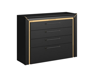 Chic Arno Chest Of Drawers 1200mm in Black & Gold Trimming - Contemporary Elegance H930mm D400mm