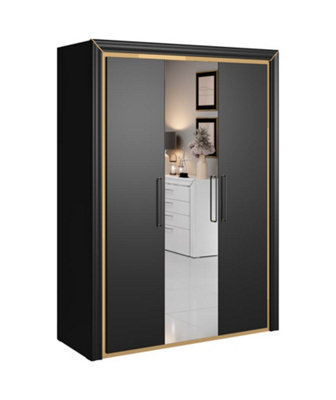 Chic Arno Hinged Door Wardrobe 1550mm in Black & Gold Trimming - Contemporary Elegance H2140mm D610mm