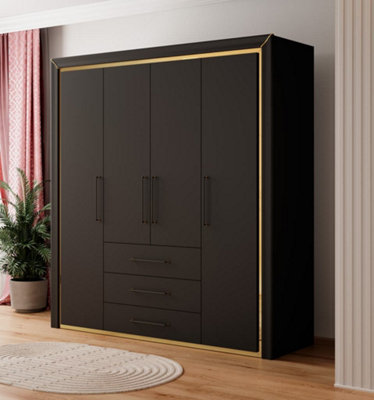 Chic Arno Hinged Door Wardrobe 1990mm in Black & Gold Trimming - Contemporary Elegance H2140mm D610mm