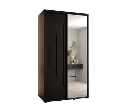 Chic Black Mirrored Cannes XIII Sliding Wardrobe H2050mm W1400mm D600mm with Custom Black Steel Handles and Decorative Strips