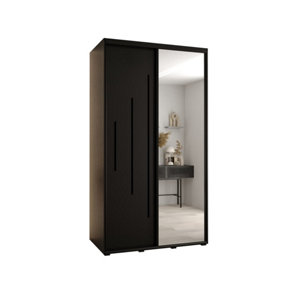 Chic Black Mirrored Cannes XIII Sliding Wardrobe H2050mm W1400mm D600mm with Custom Black Steel Handles and Decorative Strips