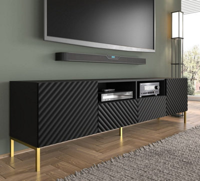 Chic Black Surf TV Cabinet with Gold Legs (W)200cm (H)56cm (D)42cm - Elegant & Functional