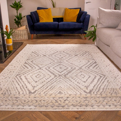 Chic Grey White Border Diamond Geometric Plush Scandi Area Rug 160x230cm