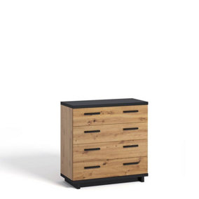 Chic Ines 02 Chest of Drawers - Oak Artisan & Black for Vintage to Modern Décor - W900mm x H900mm x D400mm