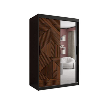 Chic Marsylia II Sliding Door Wardrobe W1200mm H2000mm D620mm - Black & Dark Walnut, Mirrored Door, Elegant Design