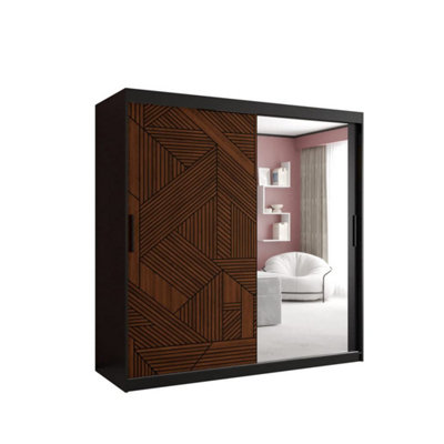 Chic Marsylia II Sliding Door Wardrobe W1800mm H2000mm D620mm - Black & Dark Walnut, Mirrored Door, Extensive Storage