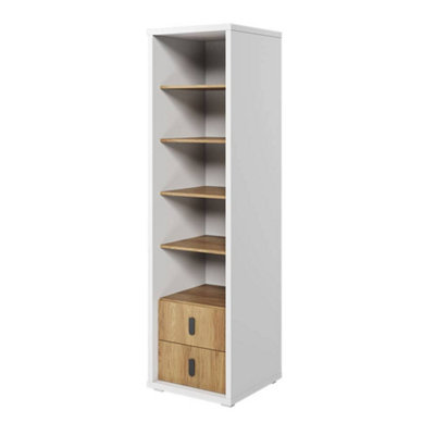 Chic Massi Bookcase in Natural Hickory & Alpine White - 550mm x 2000mm x 550mm with Drawers & Shelves