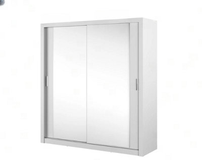 Chic Mirrored Sliding Door Wardrobe with Shelves and Hanging Rail in White - Spacious Storage Solution H2150mm x W2000mm x D600mm